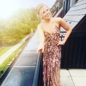 Double Slit Rose Gold Sequins Prom Dress